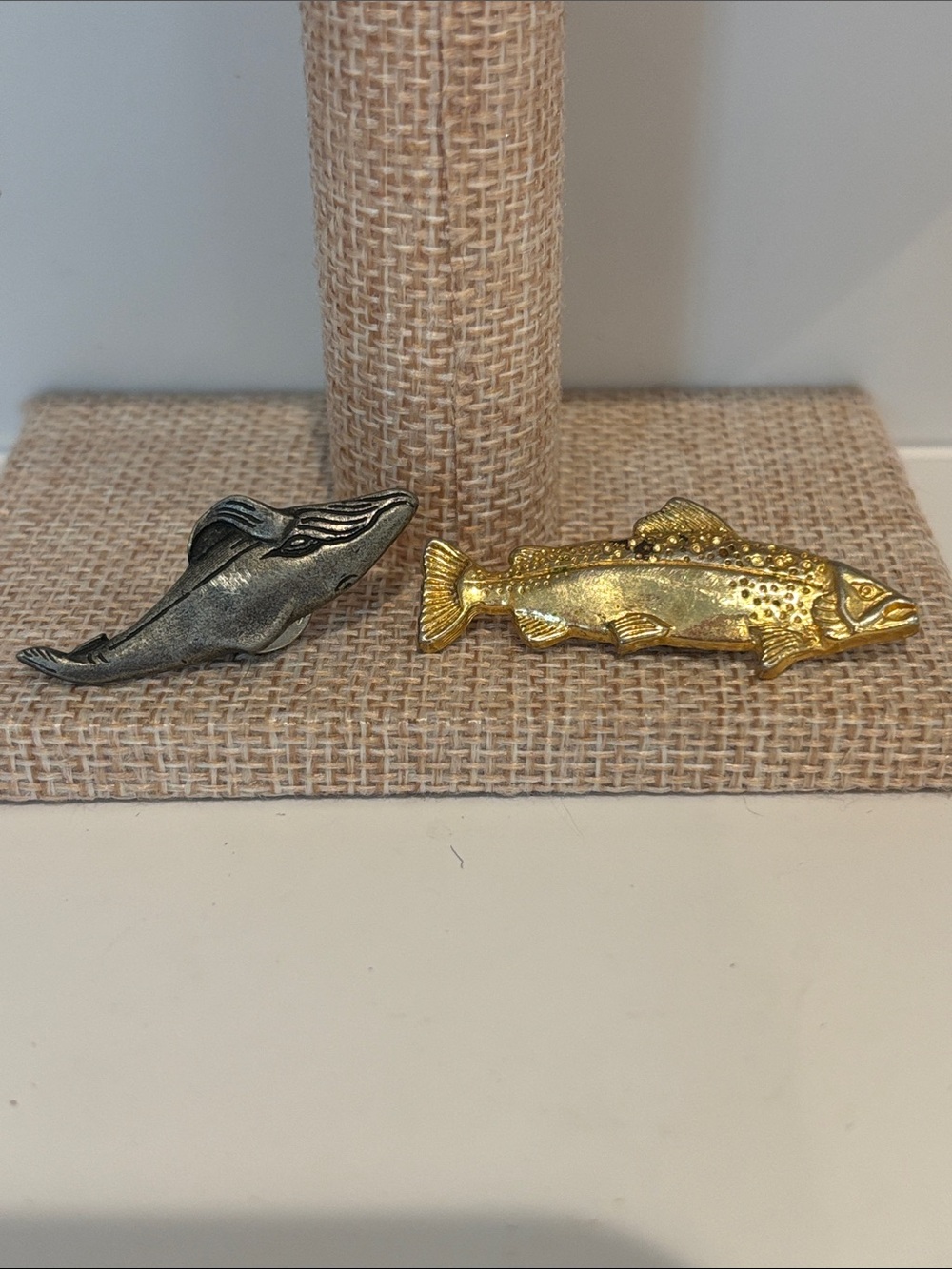 Vintage Signed L. Razza Aquatic Pin Lot - 1970s Pewter Whale & Gold Tone Salmon